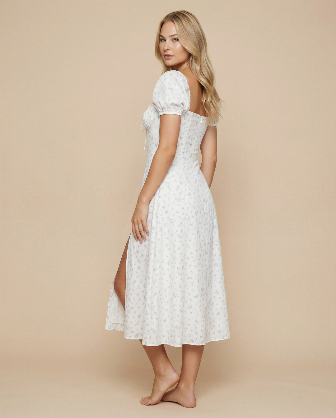 Madeline | Floral Puff Sleeve Boho Midi Dress with Corset Bodice