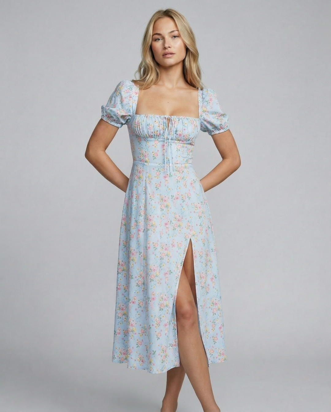 Madeline | Floral Puff Sleeve Boho Midi Dress with Corset Bodice