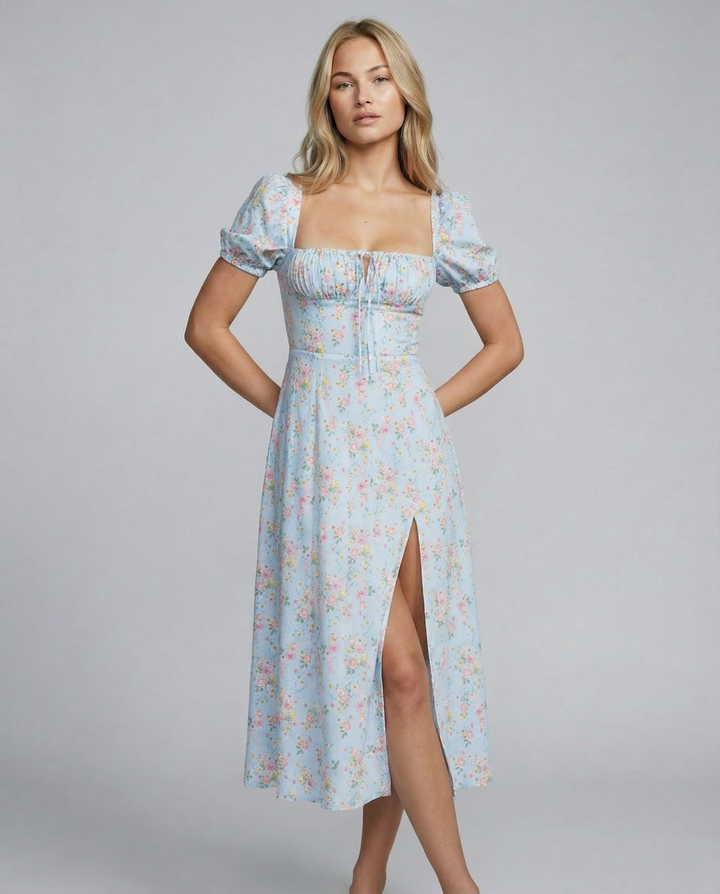 Madeline | Floral Puff Sleeve Boho Midi Dress with Corset Bodice