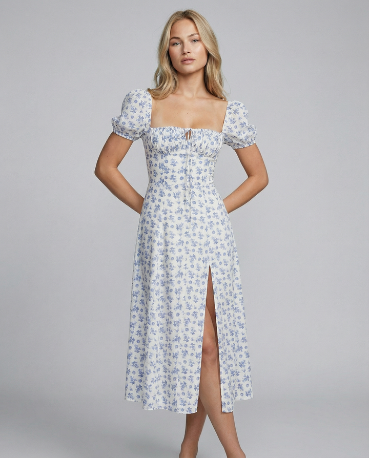 Madeline | Floral Puff Sleeve Boho Midi Dress with Corset Bodice