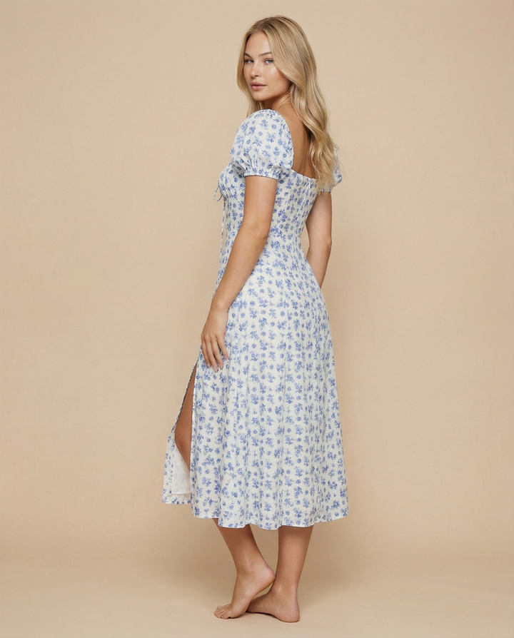 Madeline | Floral Puff Sleeve Boho Midi Dress with Corset Bodice