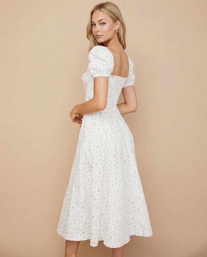 Madeline | Floral Puff Sleeve Boho Midi Dress with Corset Bodice