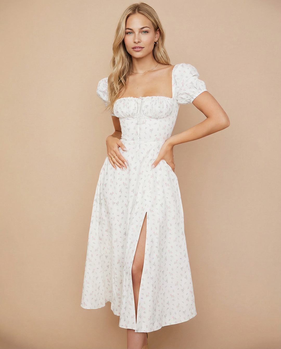 Madeline | Floral Puff Sleeve Boho Midi Dress with Corset Bodice