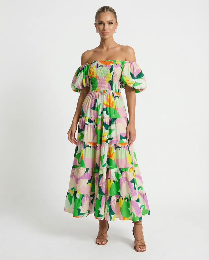 Tonya | Off-Shoulder Midi Dress with Tiered Skirt