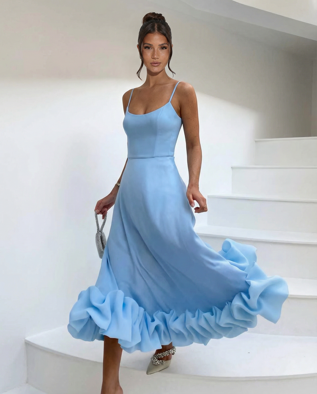 Reagan | Flounce Bustier Midi Dress with Corset Bodice