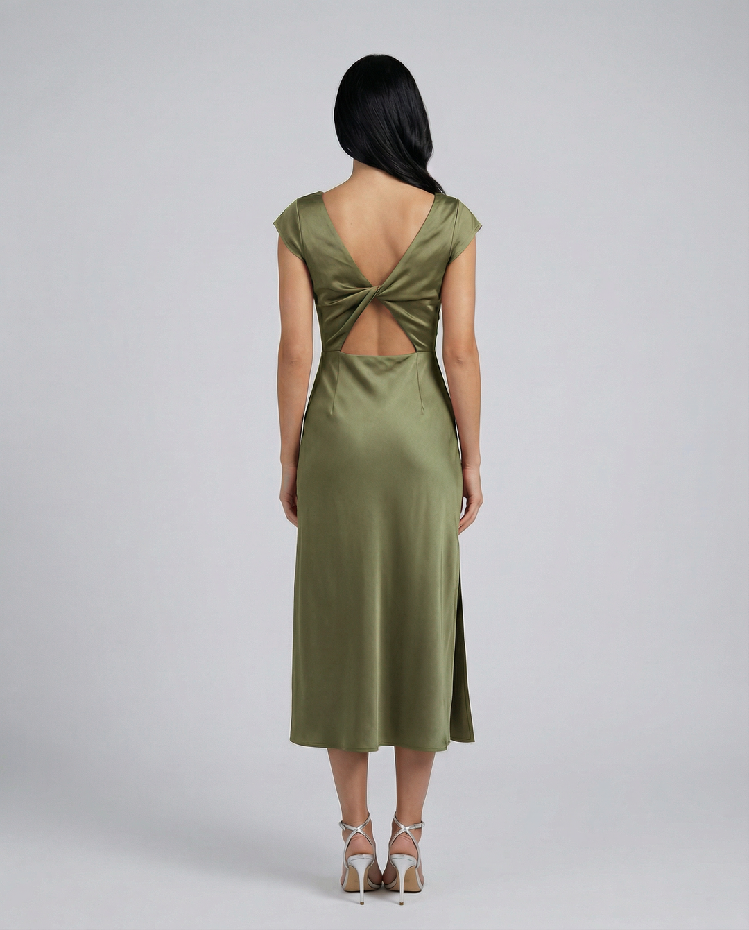 Jaime | Satin Midi Dress with Open Back Twist