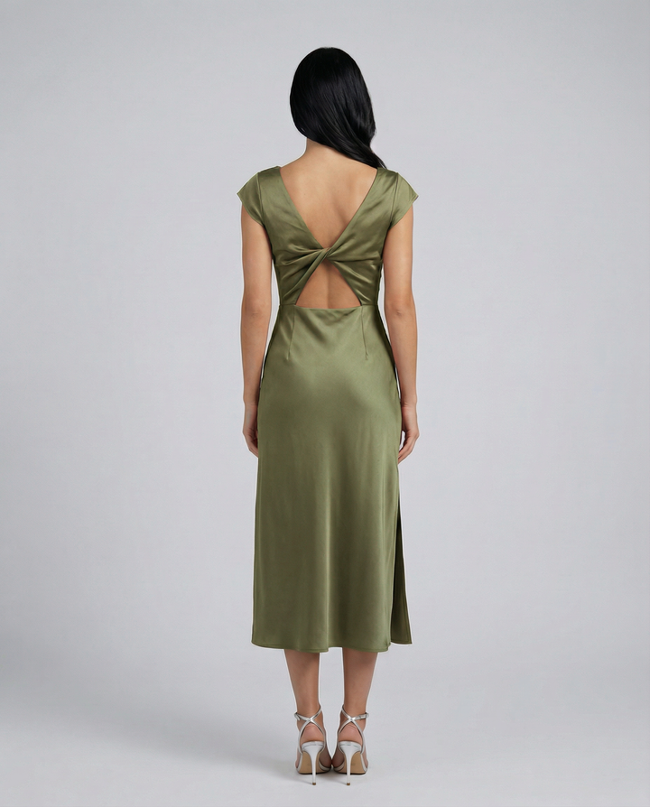 Jaime | Satin Midi Dress with Open Back Twist
