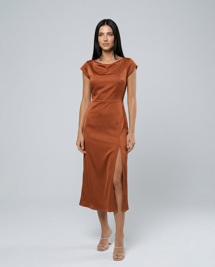 Jaime | Satin Midi Dress with Open Back Twist