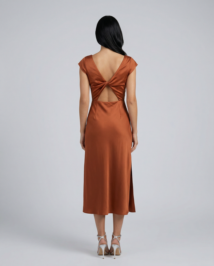 Jaime | Satin Midi Dress with Open Back Twist