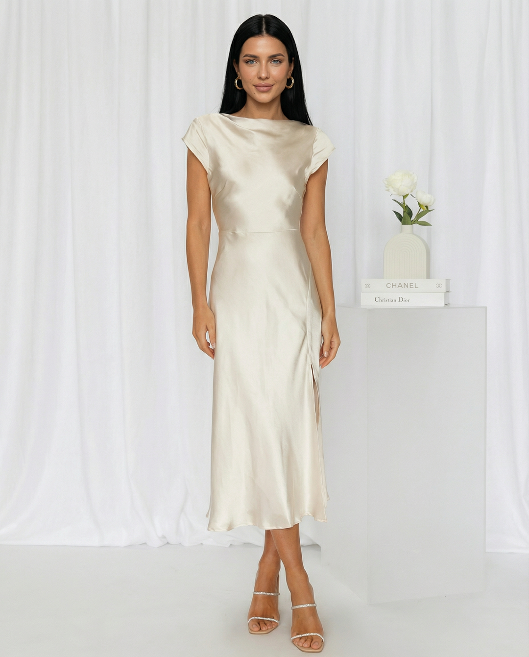 Jaime | Satin Midi Dress with Open Back Twist