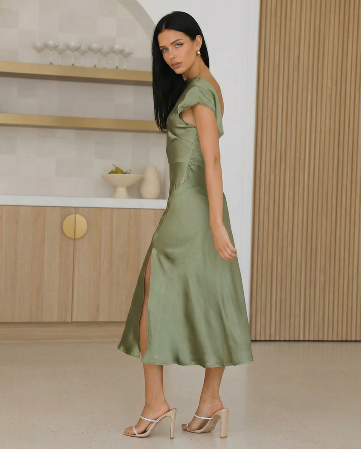 Jaime | Satin Midi Dress with Open Back Twist