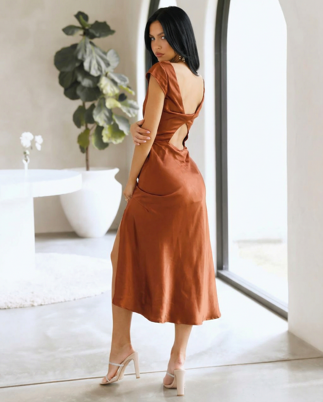 Jaime | Satin Midi Dress with Open Back Twist