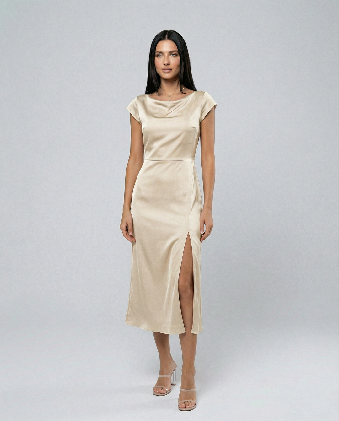 Jaime | Satin Midi Dress with Open Back Twist