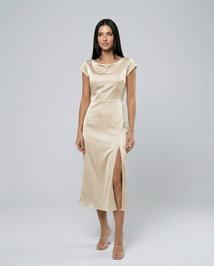 Jaime | Satin Midi Dress with Open Back Twist