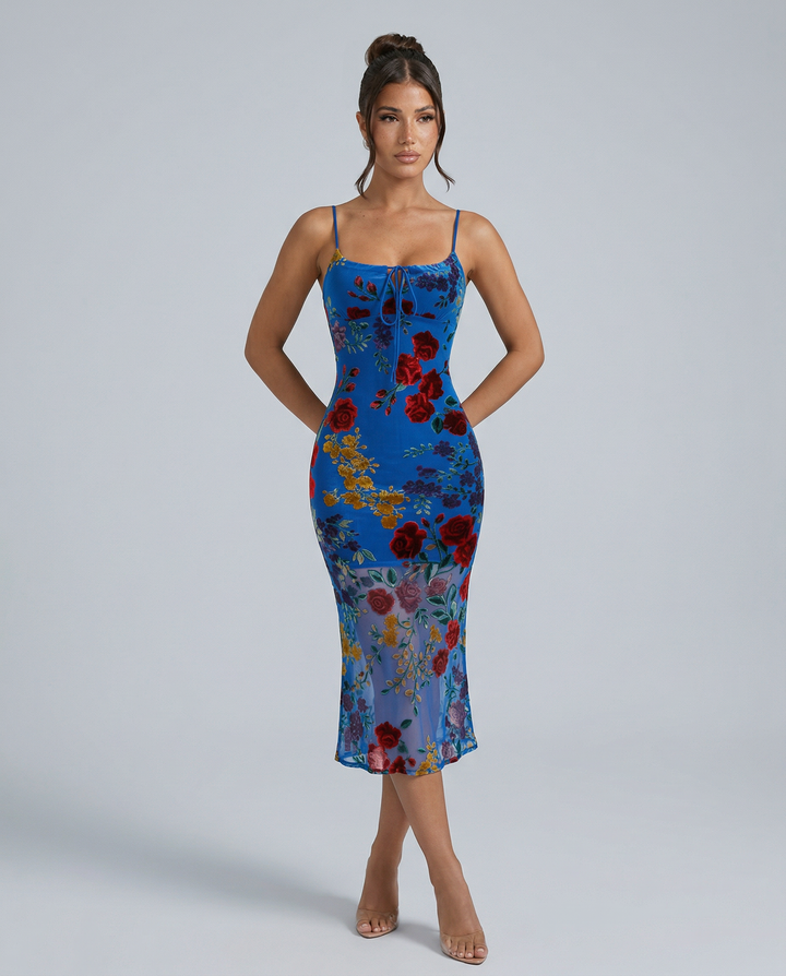 Genesis | Floral Backless Midi Dress with Spaghetti Straps