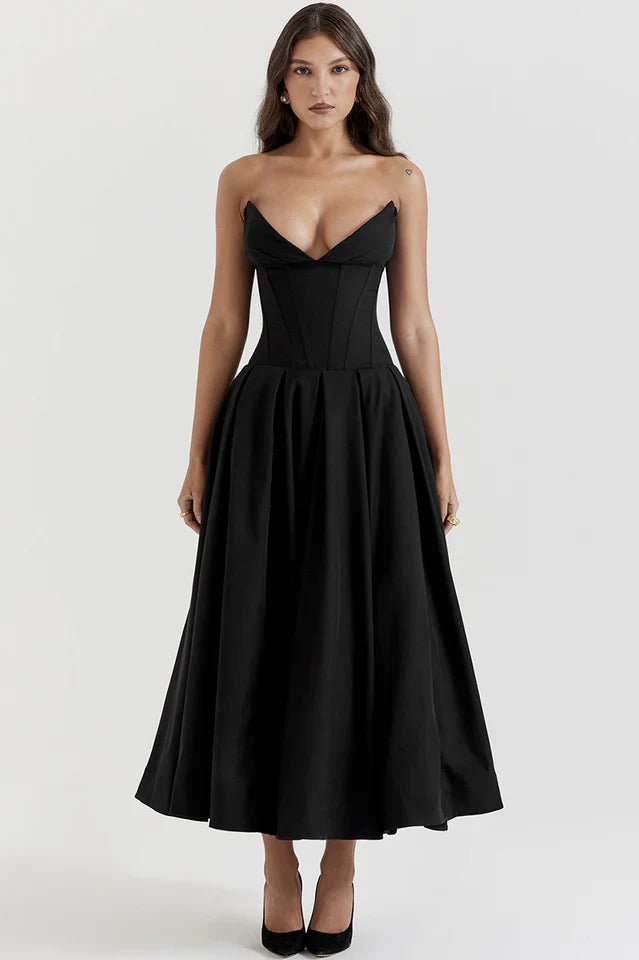 Irma | Strapless Midi Dress with Structured Bodice