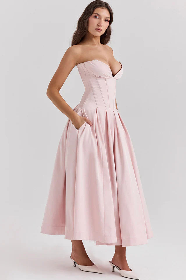 Irma | Strapless Midi Dress with Structured Bodice