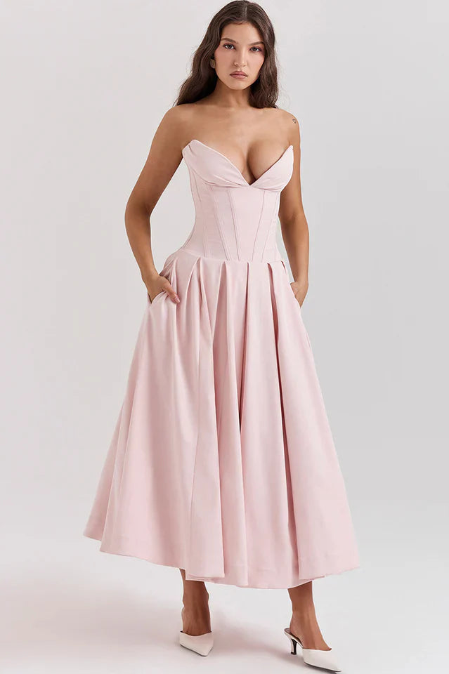 Irma | Strapless Midi Dress with Structured Bodice
