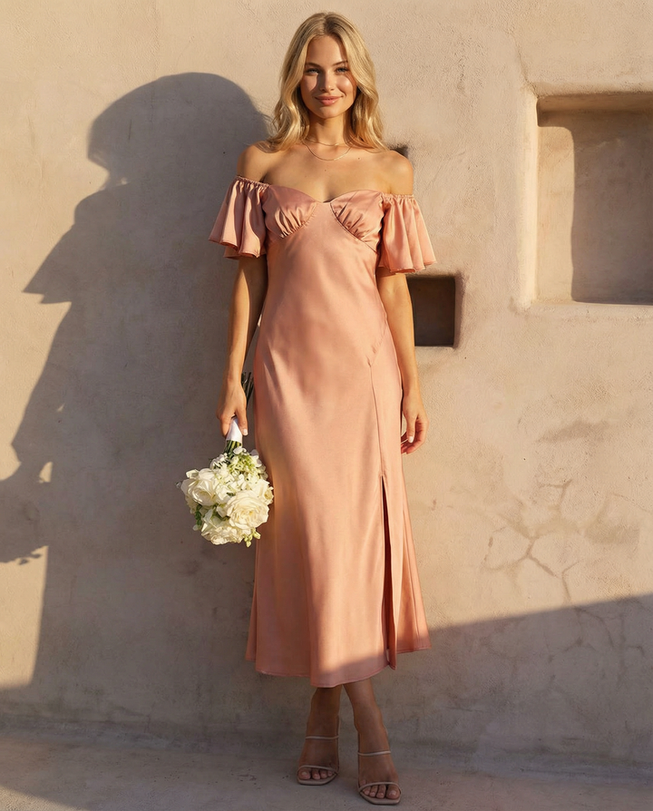 Louisa | Off Shoulder Midi Dress with Ruffle Sleeves