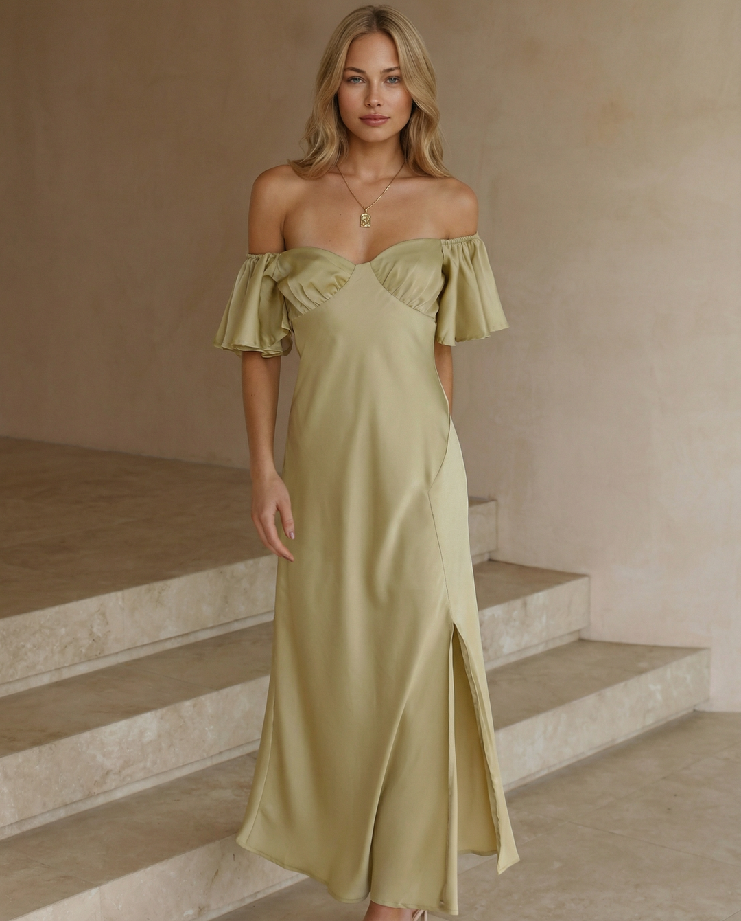 Louisa | Off Shoulder Midi Dress with Ruffle Sleeves