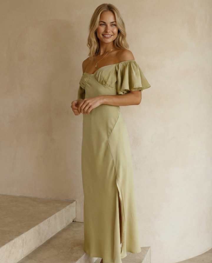 Louisa | Off Shoulder Midi Dress with Ruffle Sleeves