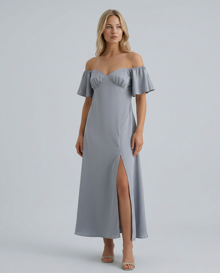 Louisa | Off Shoulder Midi Dress with Ruffle Sleeves