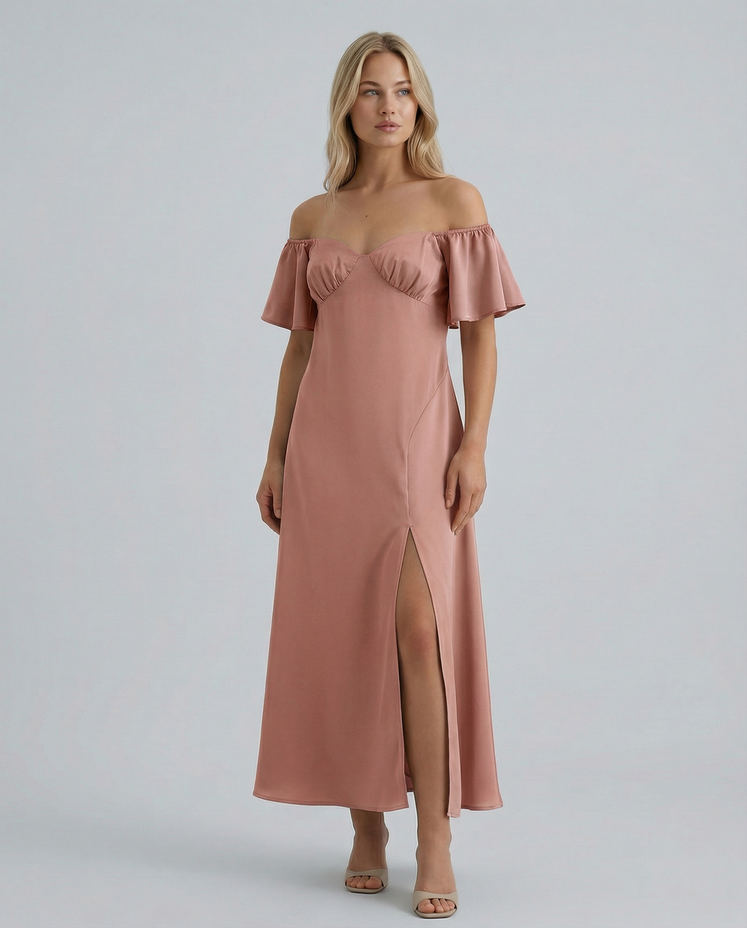 Louisa | Off Shoulder Midi Dress with Ruffle Sleeves