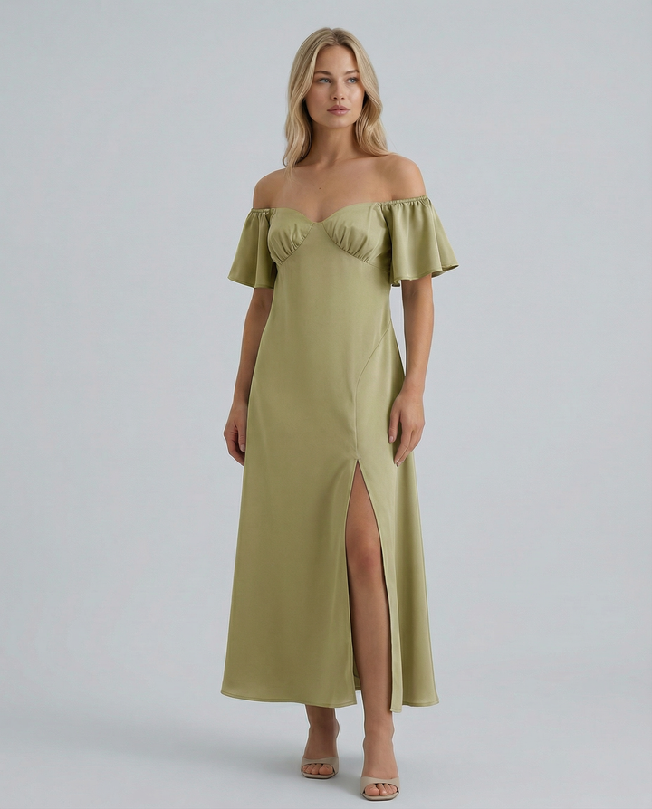 Louisa | Off Shoulder Midi Dress with Ruffle Sleeves