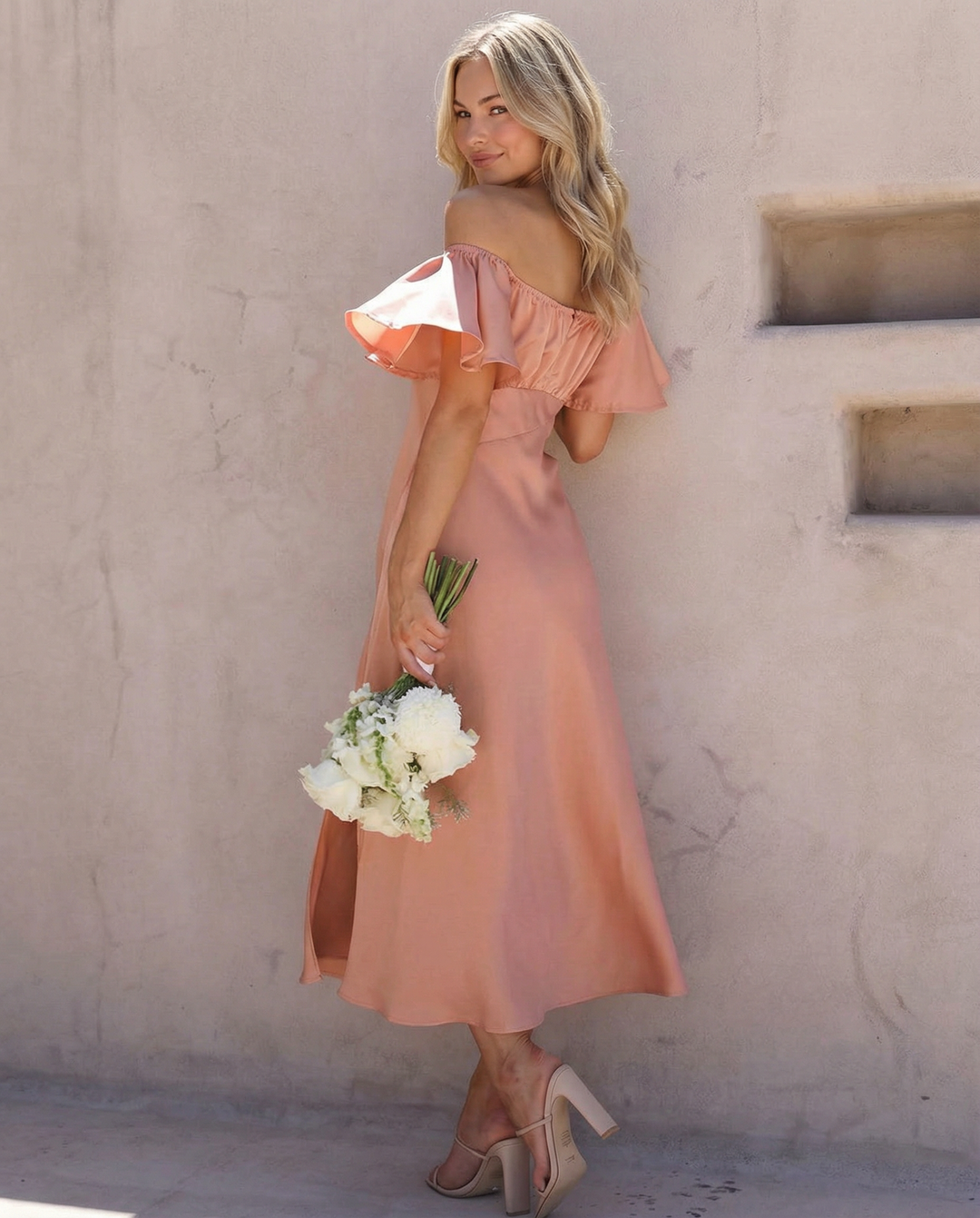 Louisa | Off Shoulder Midi Dress with Ruffle Sleeves