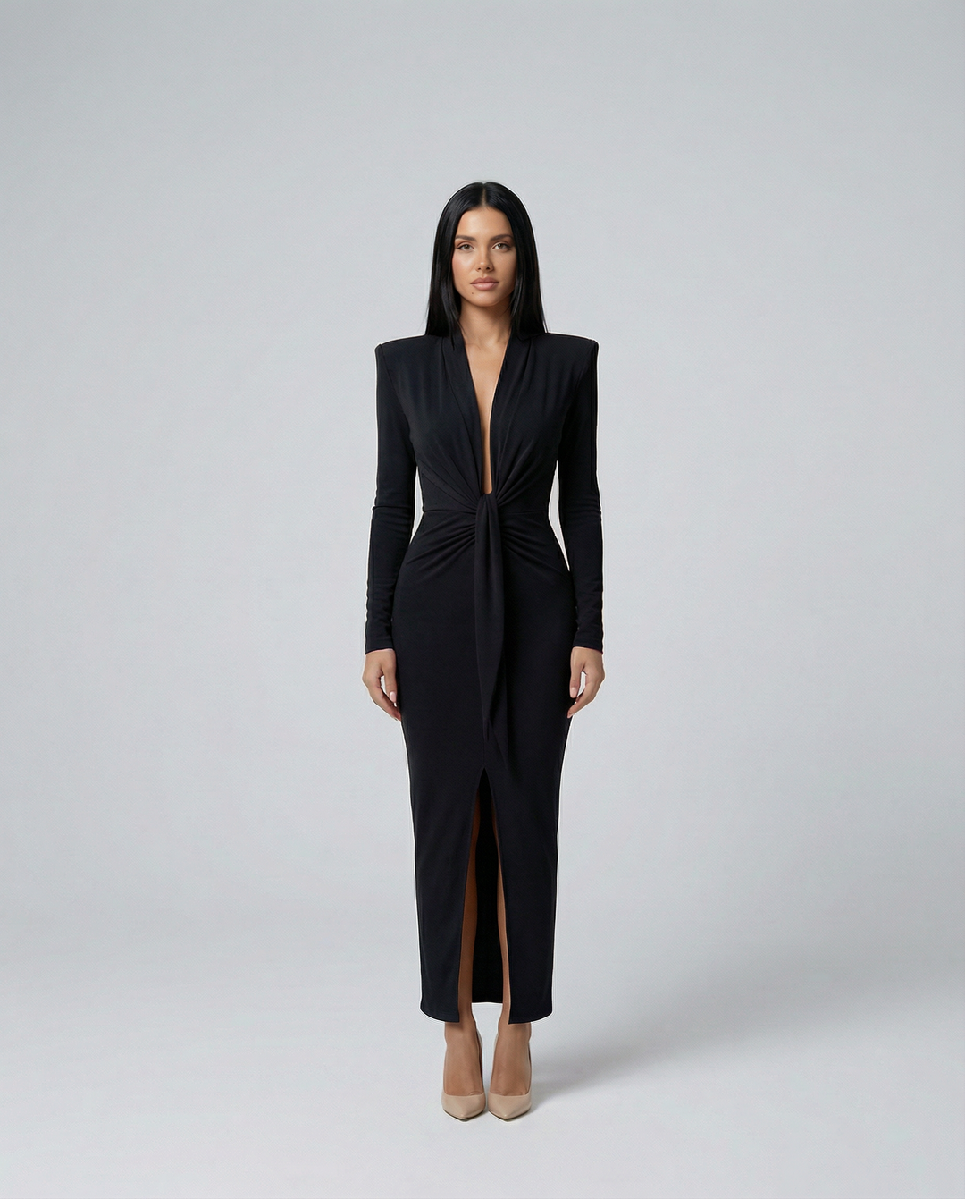 Rose | Long Sleeve Midi Dress with Front Knot Detail