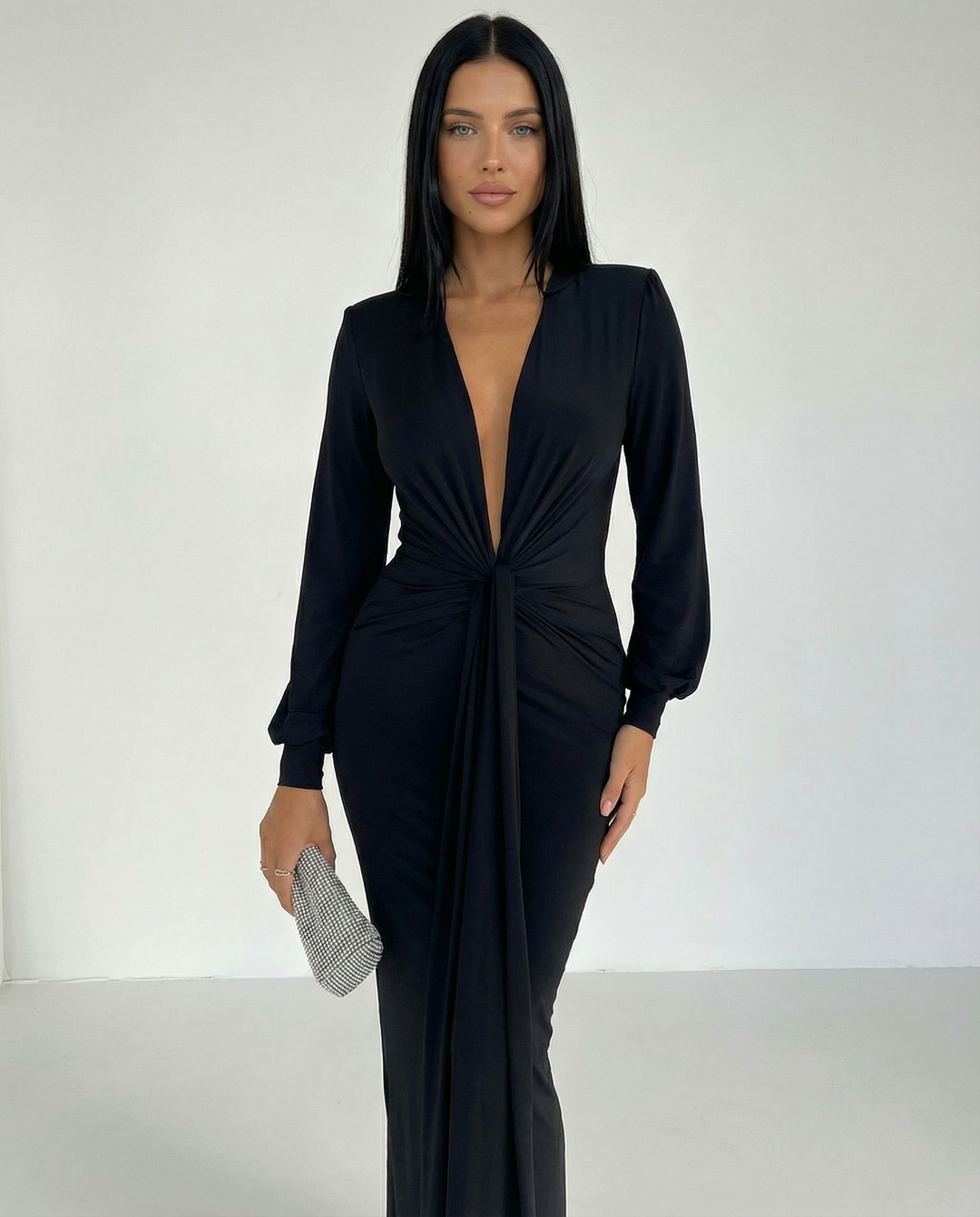 Rose | Long Sleeve Midi Dress with Front Knot Detail