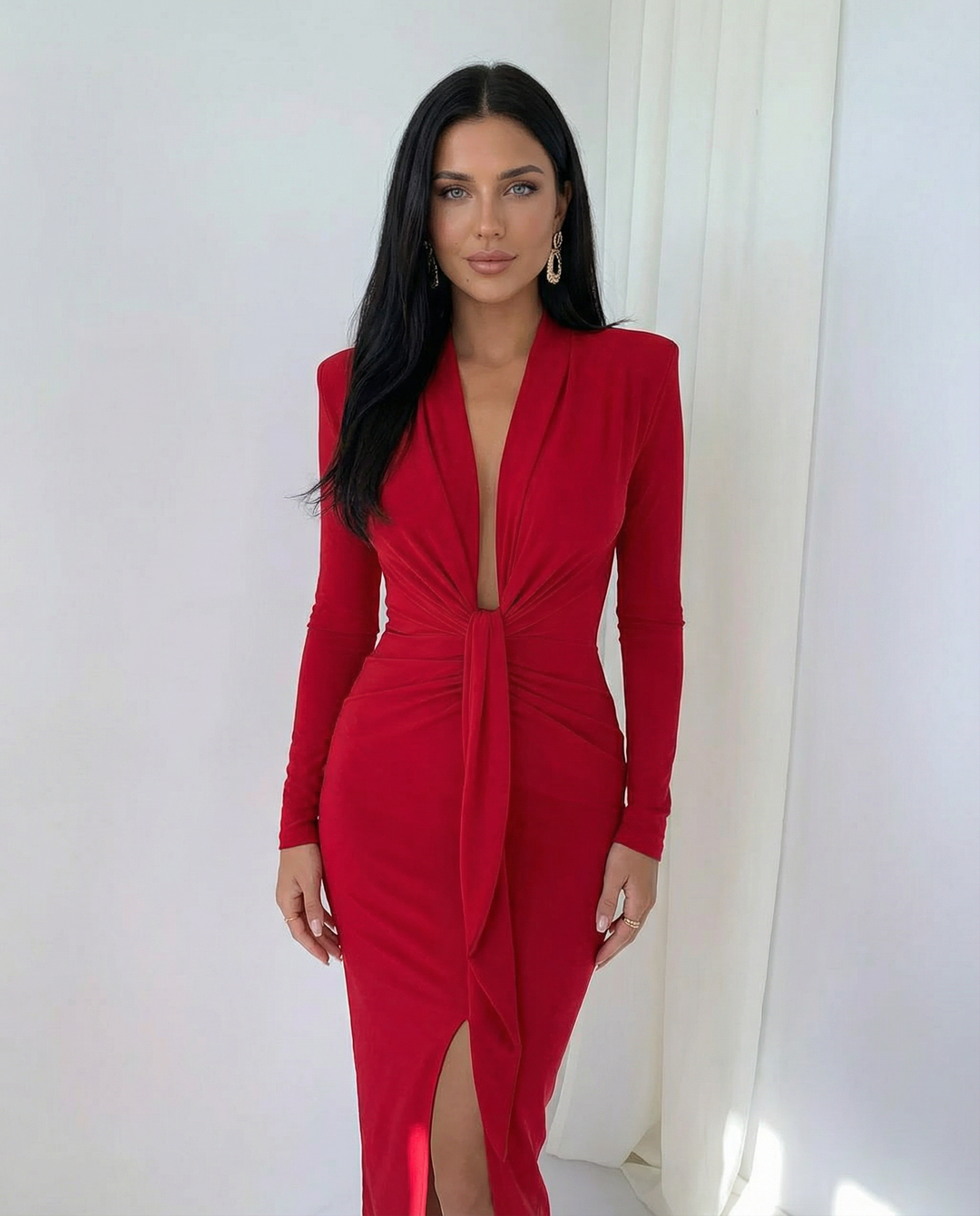 Rose | Long Sleeve Midi Dress with Front Knot Detail