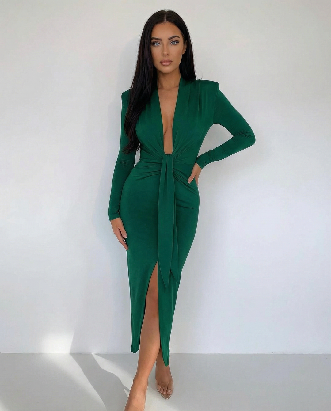 Rose | Long Sleeve Midi Dress with Front Knot Detail