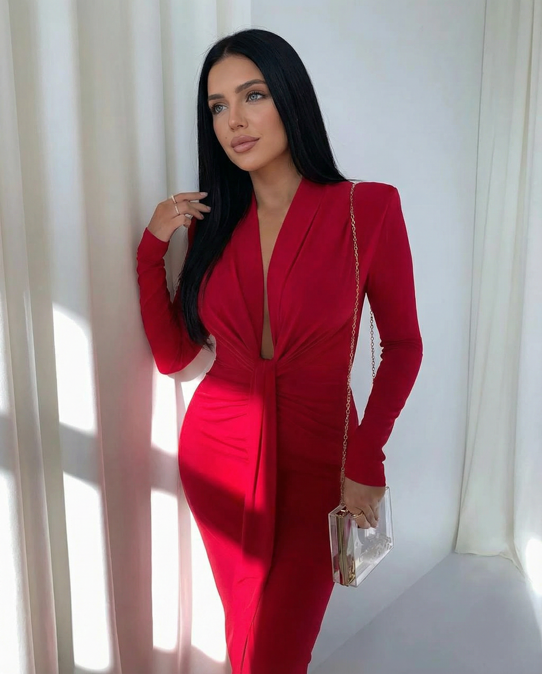 Rose | Long Sleeve Midi Dress with Front Knot Detail