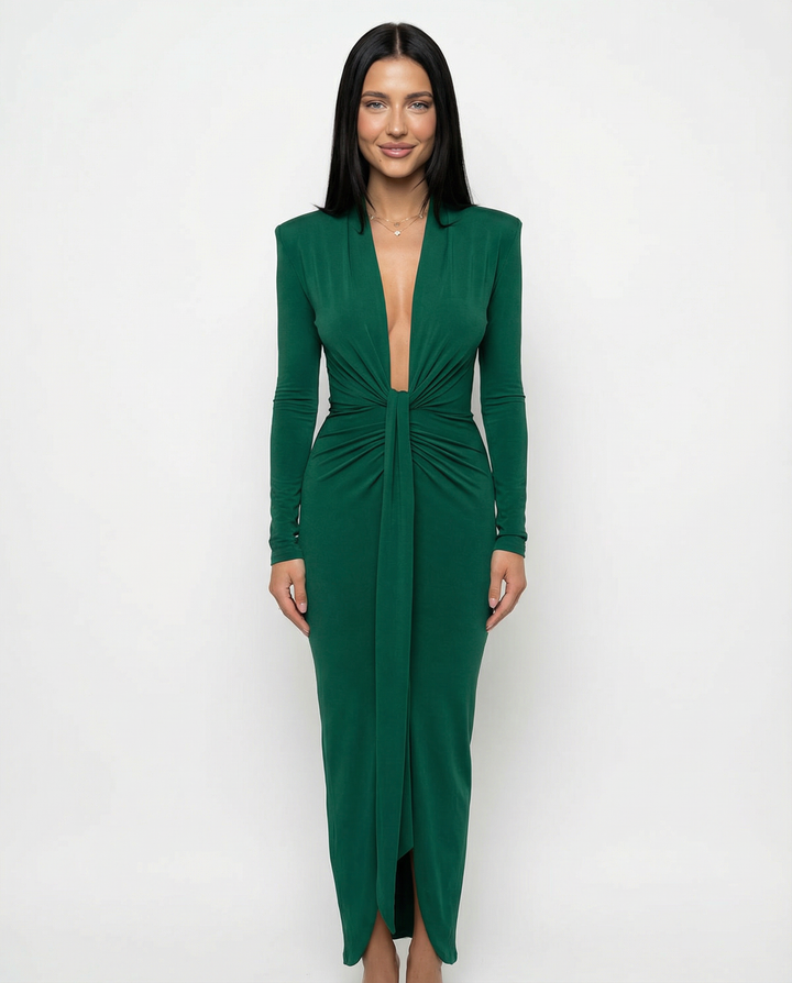 Rose | Long Sleeve Midi Dress with Front Knot Detail