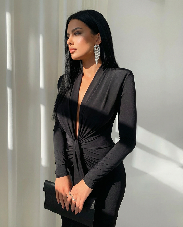 Rose | Long Sleeve Midi Dress with Front Knot Detail