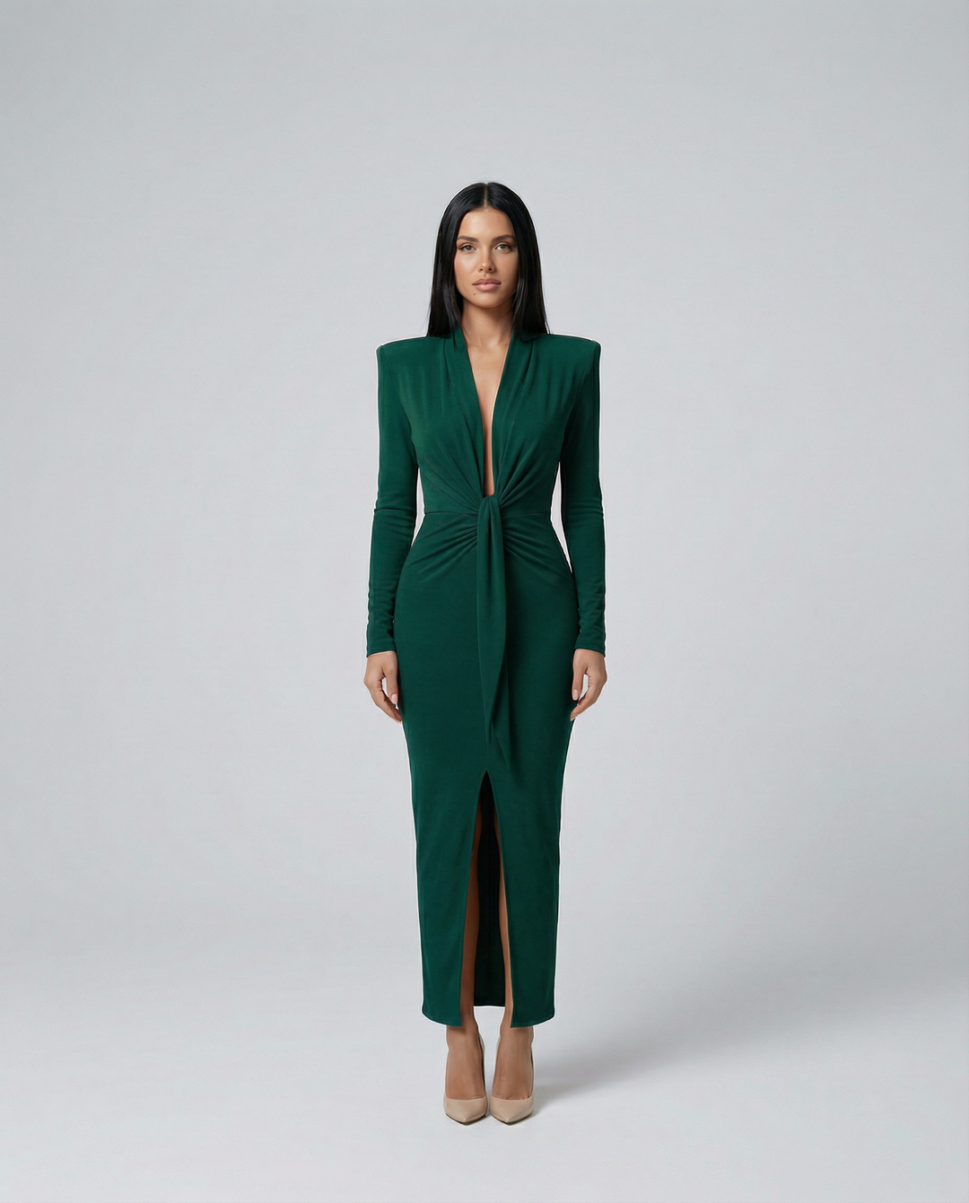 Rose | Long Sleeve Midi Dress with Front Knot Detail