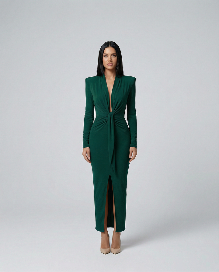 Rose | Long Sleeve Midi Dress with Front Knot Detail
