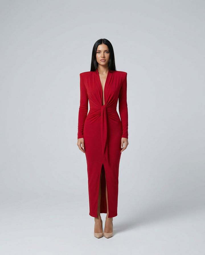 Rose | Long Sleeve Midi Dress with Front Knot Detail