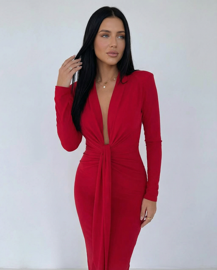 Rose | Long Sleeve Midi Dress with Front Knot Detail