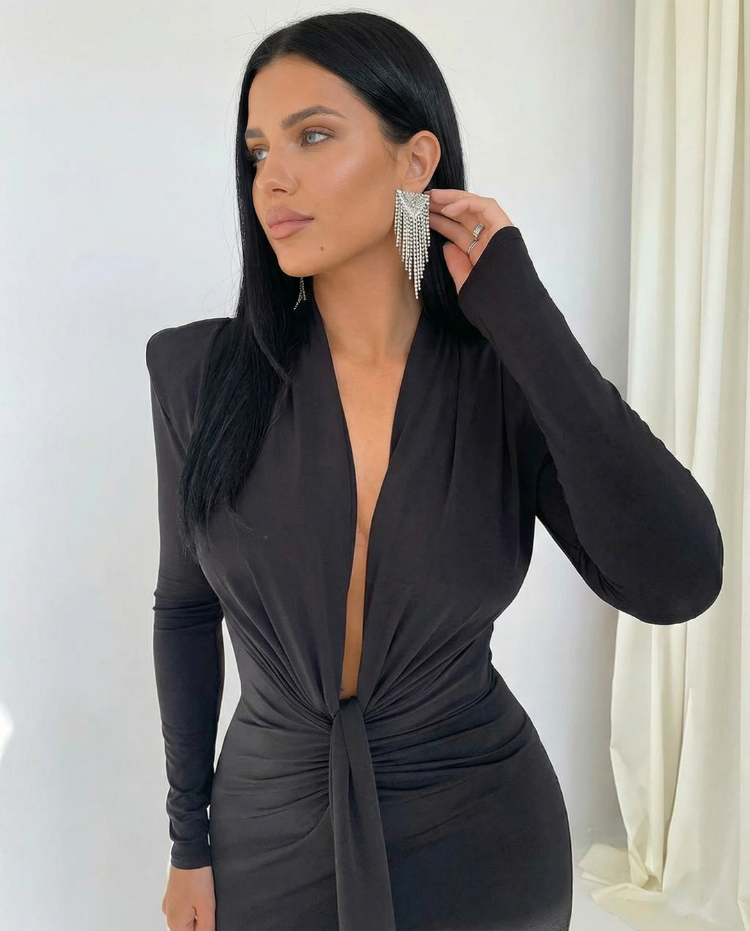 Rose | Long Sleeve Midi Dress with Front Knot Detail