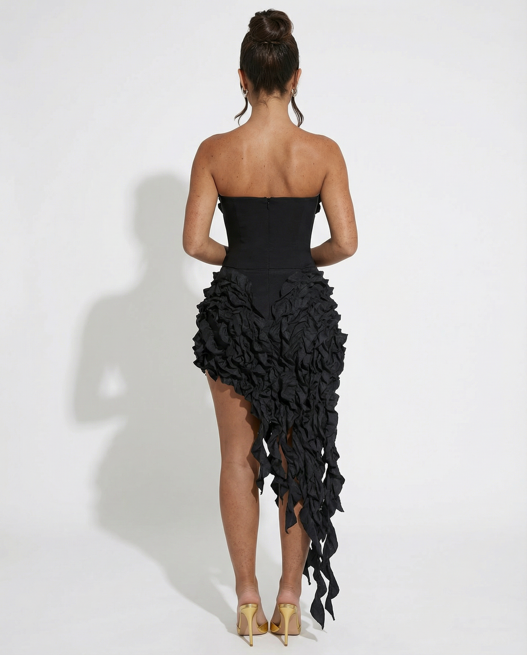 Trina | Strapless Midi Dress with Textured Ruffle Detail