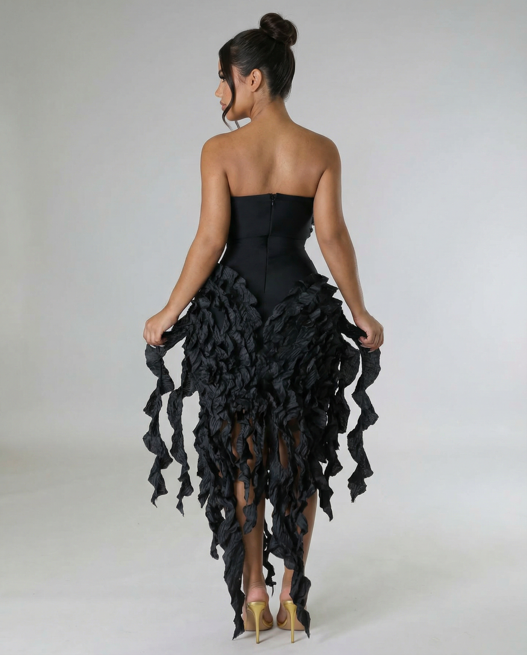 Trina | Strapless Midi Dress with Textured Ruffle Detail
