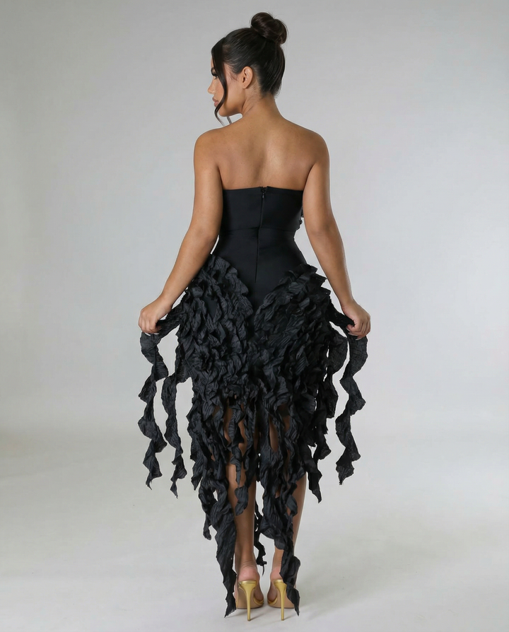 Trina | Strapless Midi Dress with Textured Ruffle Detail