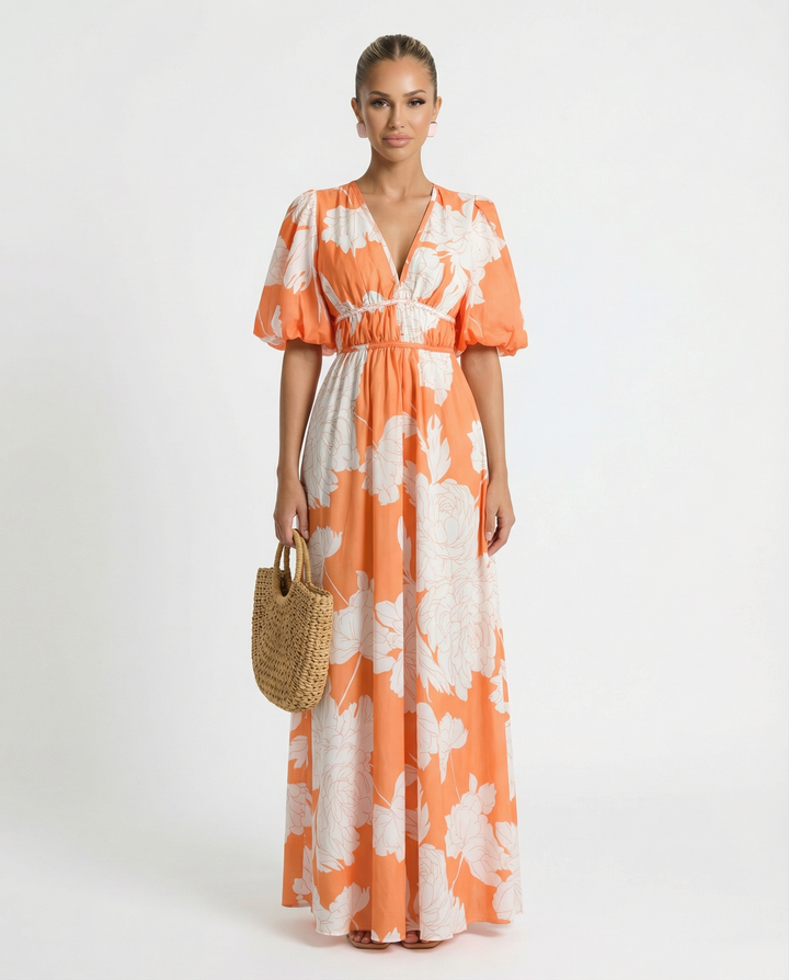 Lucille | Floral Midi Dress with Puff Sleeves