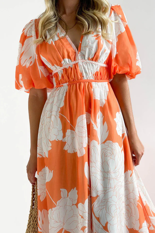 Lucille | Floral Midi Dress with Puff Sleeves