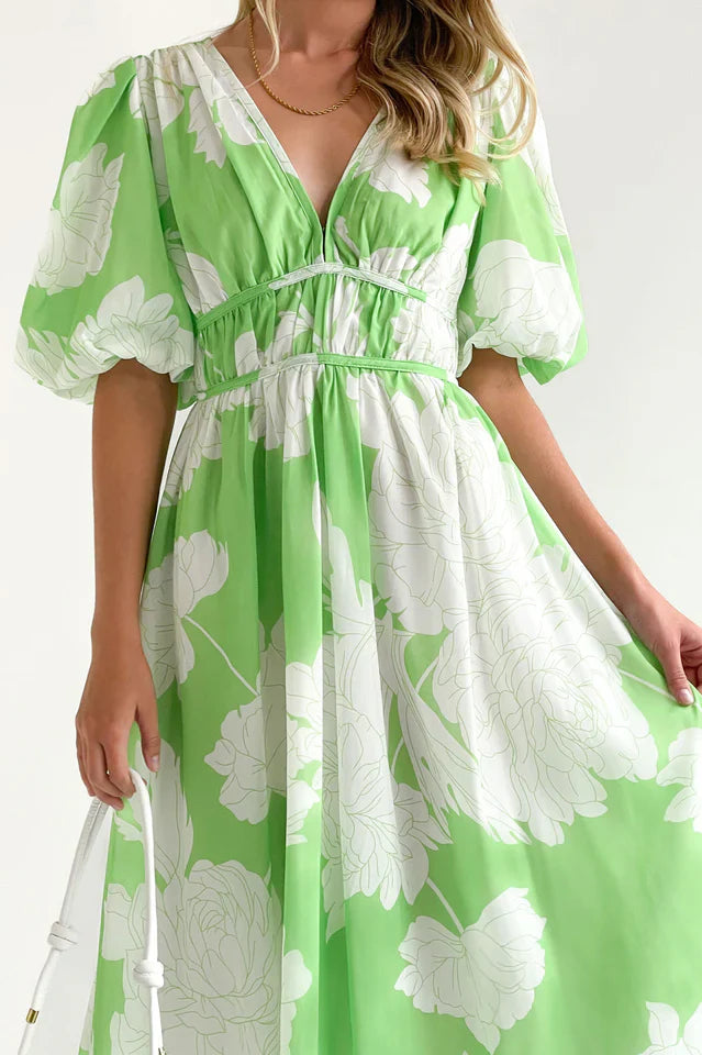 Lucille | Floral Midi Dress with Puff Sleeves