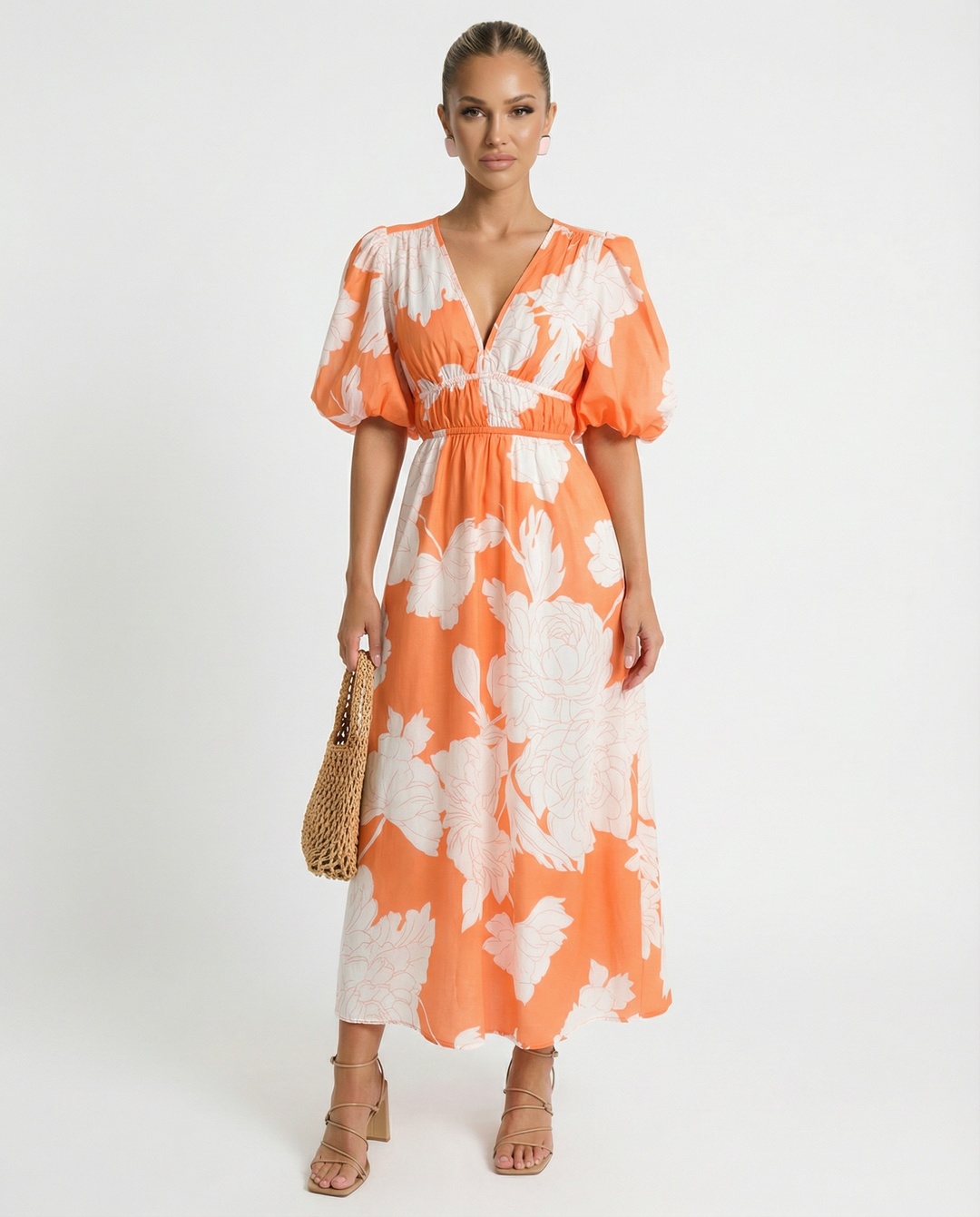 Lucille | Floral Midi Dress with Puff Sleeves