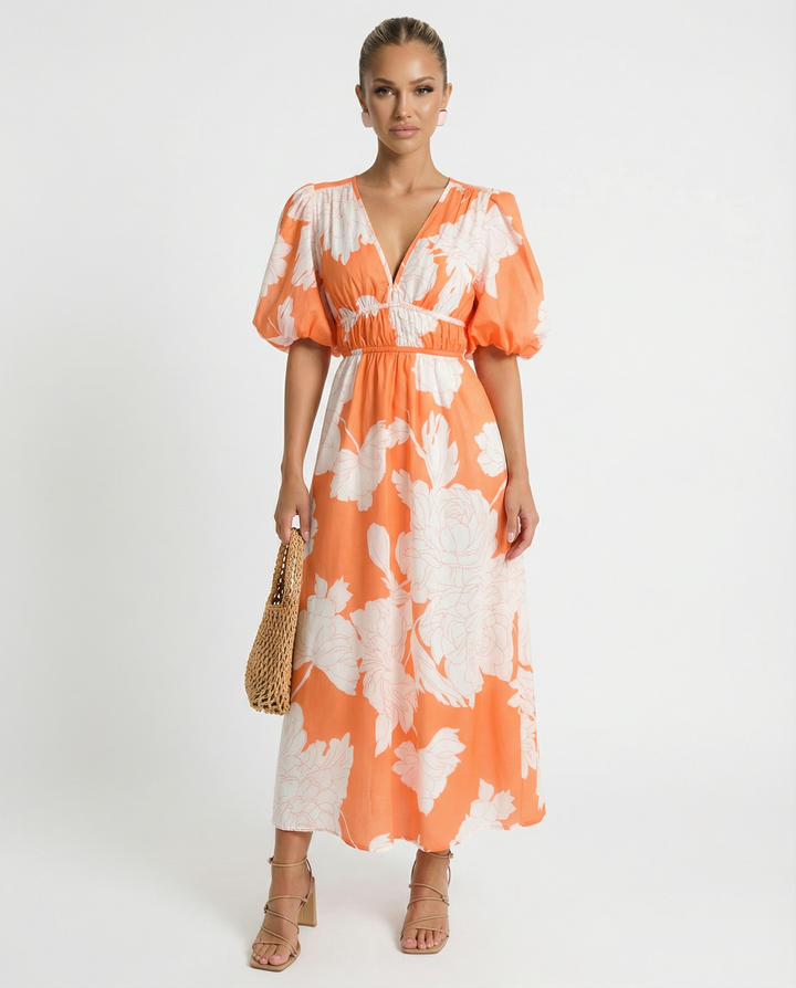 Lucille | Floral Midi Dress with Puff Sleeves