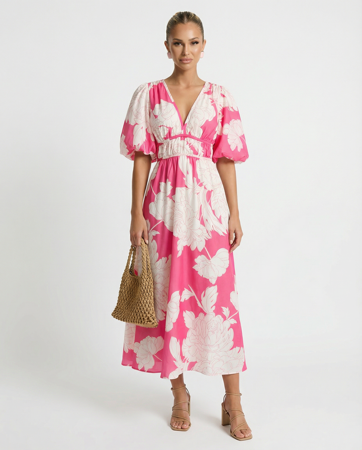 Lucille | Floral Midi Dress with Puff Sleeves